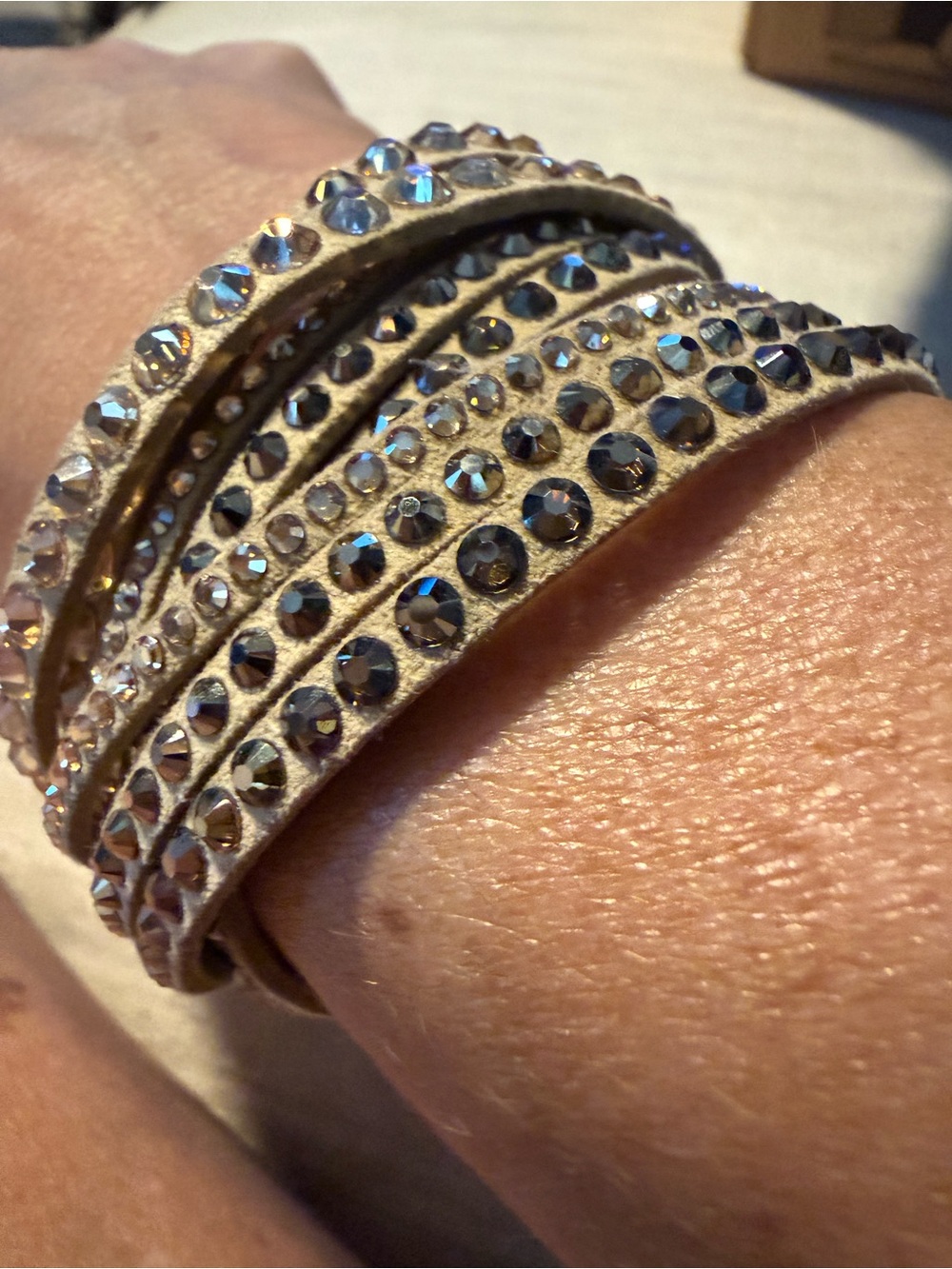 Crystal-Studded Wrap Bracelet in Beige